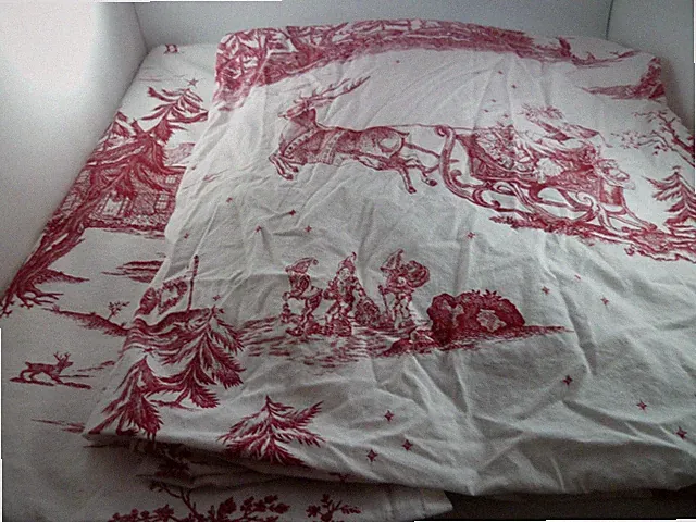2 Pc Pottery Barn Toile Cal King Flat & Fitted Sheet Set French Holiday Santa