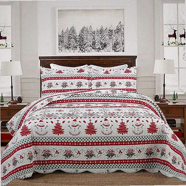 3-Piece Christmas Quilt Bedspread Set - Festive Bedding for Holiday Cheer C89