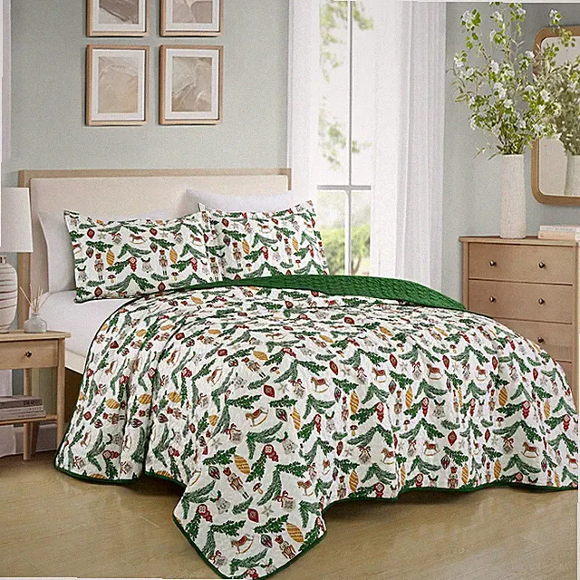 3Piece Holiday Cheer Christmas Bedspread Set Reversible Quilt