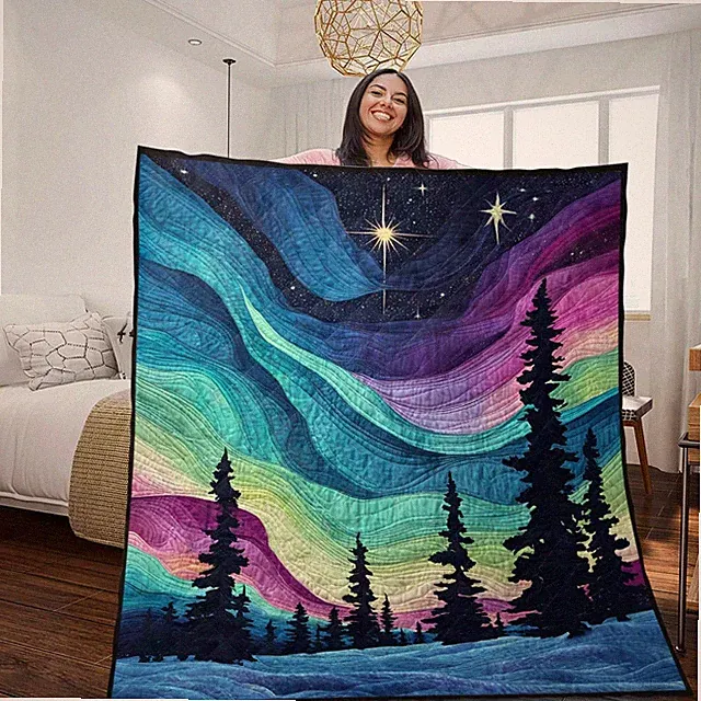 Aurora Quilt Blanket Forest Under Northern Lights Bedding Starry Night Christmas