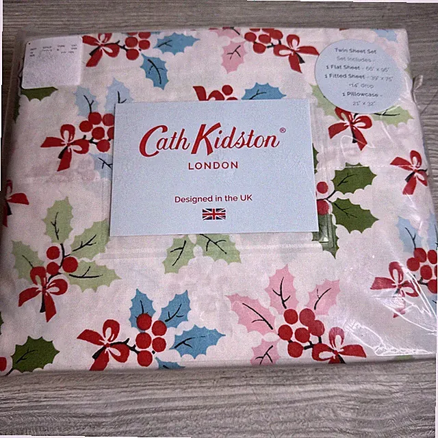 Cath Kidston London Christmas Holly Twin Sheet Set 3pc Cotton Holiday Bedroom