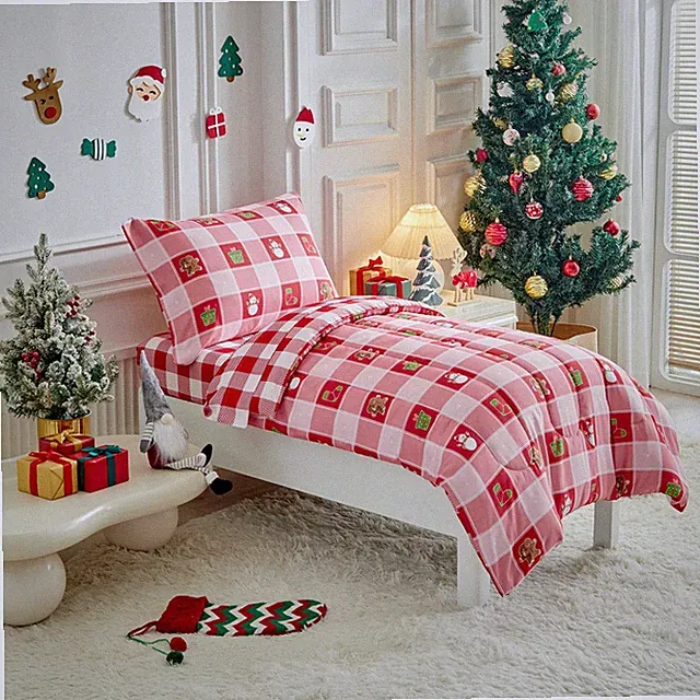 Christmas Bedding Set for Boys Girls Red White Plaid Colorful Holiday 4PC Bed...