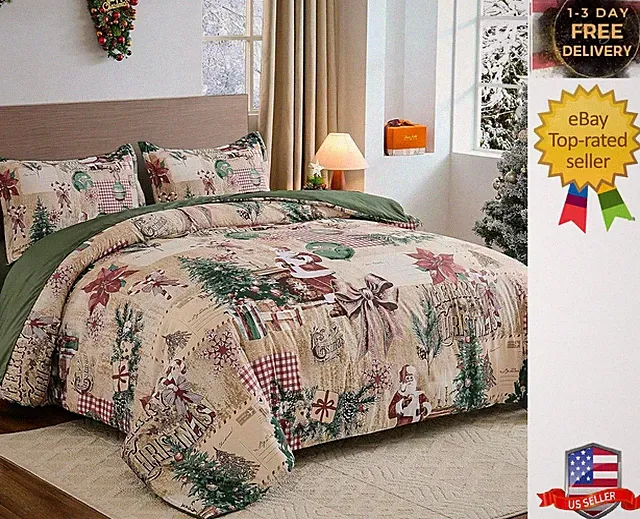 Christmas Duvet Cover Set Queen, 3 Pieces Christmas Bedding Set with 2 Pillowcas
