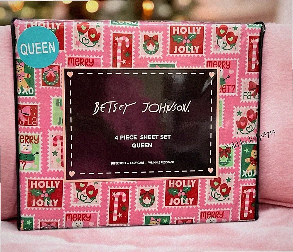 Christmas Gingerbread Queen Sheet Set 4 Piece NWT Pink Betsey Johnson Pink Stamp