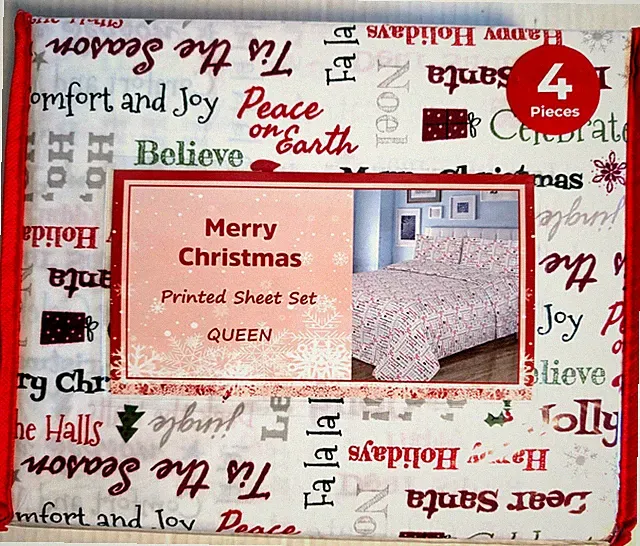 Christmas Holiday Queen Sheet Set All Over Print Polyester 4 Pc - New