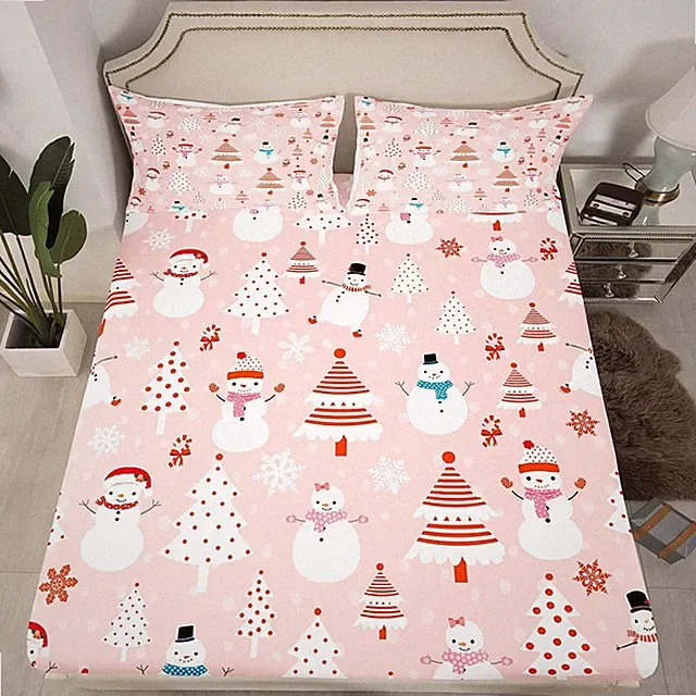 Christmas Kids Fitted Sheet Cartoon Snowman Bed Sheet Set for Boys Girls Chri...