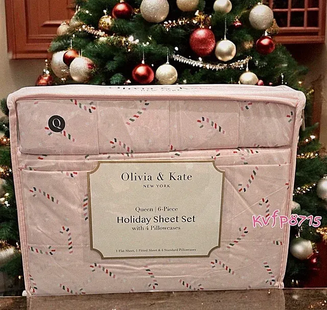 Christmas Peppermint Candy Cane Red Pink Shabby Chic Queen Sheet Set 6 Pc NWT
