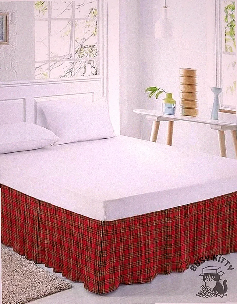 Christmas Plaid Bed Skirt Queen 16 Inch Drop, Elastic Bed Frame Cover Red Green