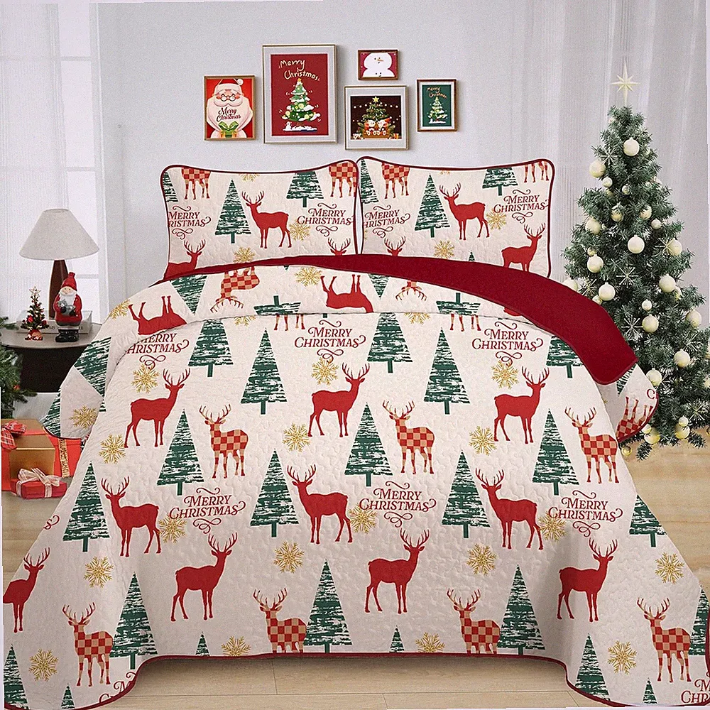 Christmas Quilt Set Queen Red Beige Holiday Bedspread Coverlet 3PCS