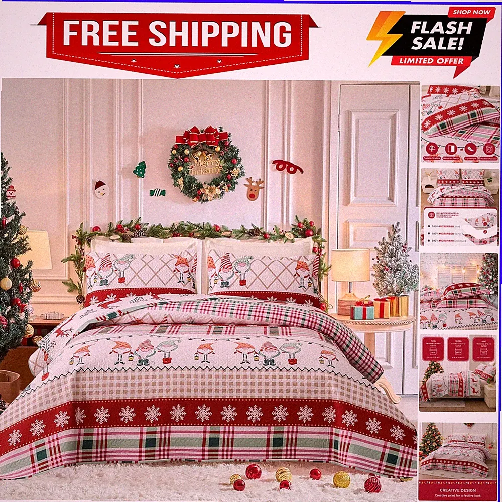 Christmas Quilts Set King Size Reversible Xmas Bedding Multicolor Patchwork P...