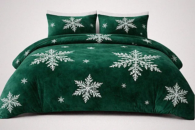 Christmas Snowflake Comforter Set King Size 2 Pillowcases Green Double Side 3Pcs
