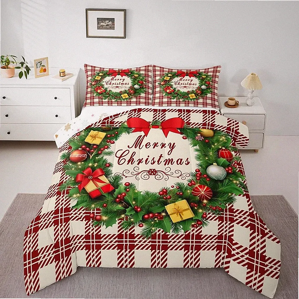 Christmas Wreath Bedding Set Soft for Boys Girls, Checkered Pattern Comforter...