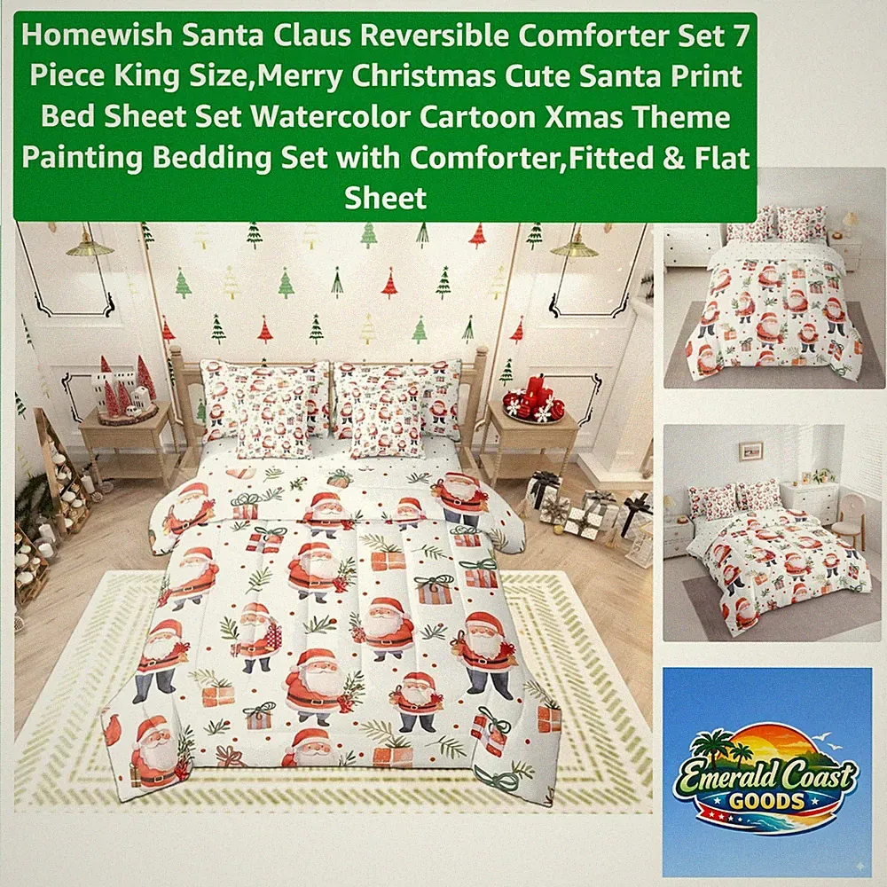 Cozy King Size 7-Piece Christmas Bedding Set with Watercolor Santa Design