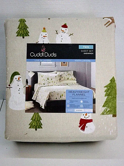 Cuddl Duds Twin Sheet Set Snowman Heavyweight Flannel 3 Piece Warmer Soft Xmas