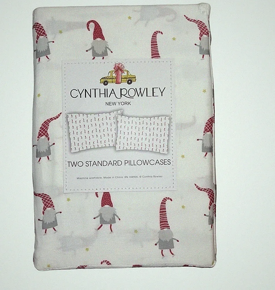 Cynthia Rowley Gnomes Christmas Holiday Standard Pillowcases Set Of 2 Cotton NEW