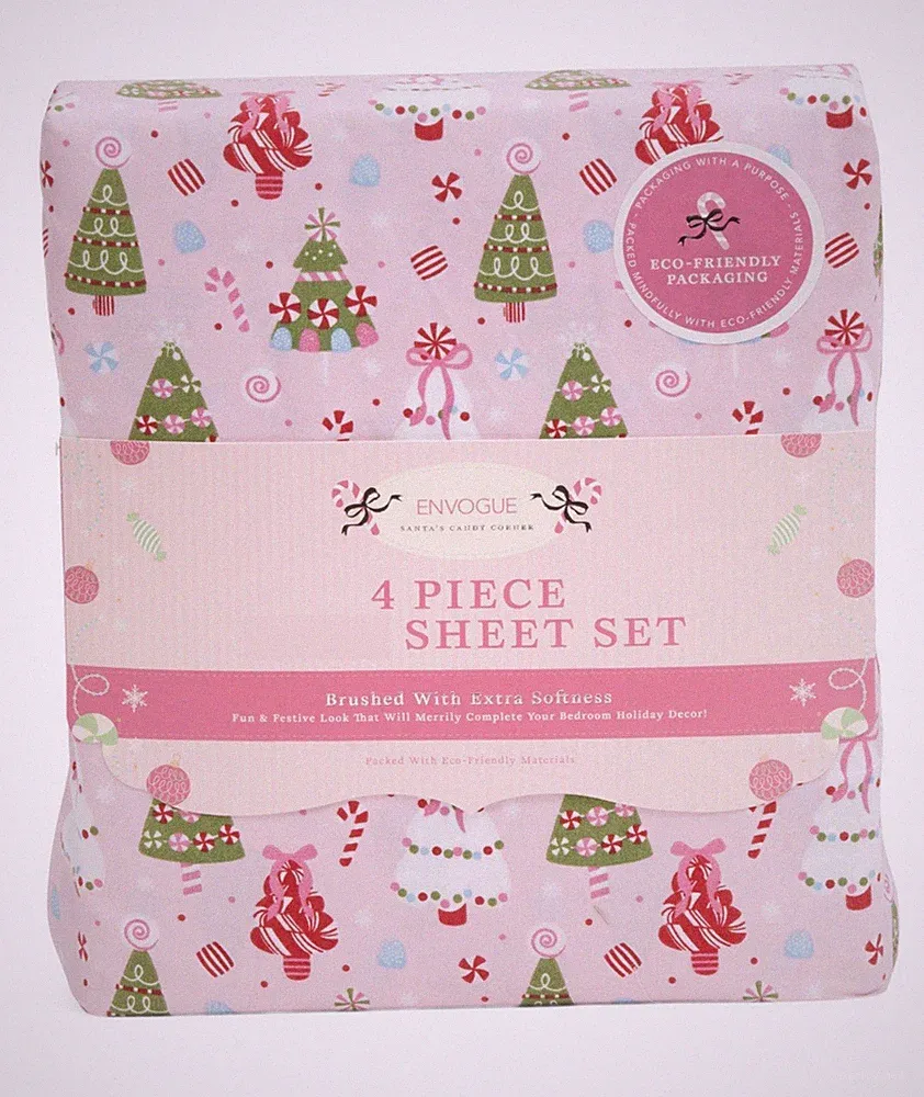 ENVOGUE NEW Pink QUEEN SHEET SET Christmas Themed Christmas Trees & Candy Canes