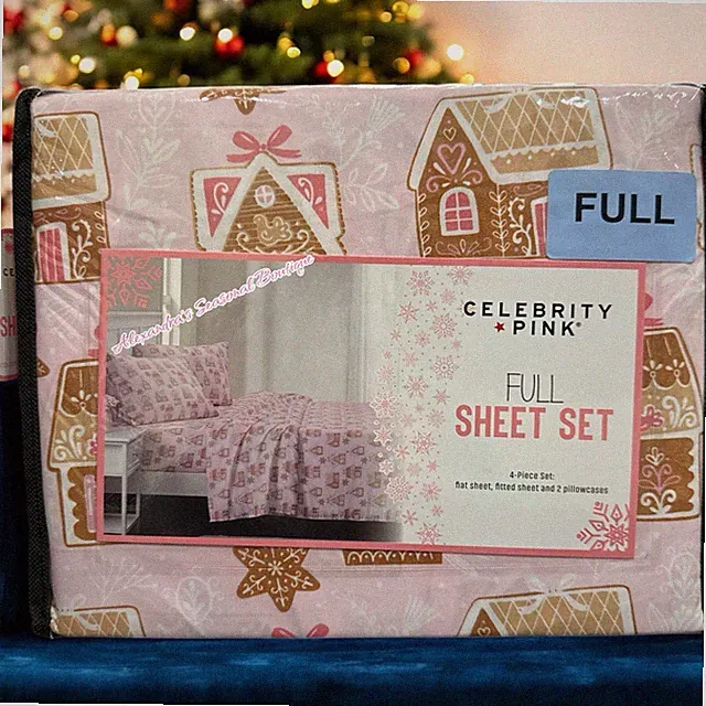 Full Sheet Set 4 PC Christmas Pink Gingerbread House Ribbon Hearts New