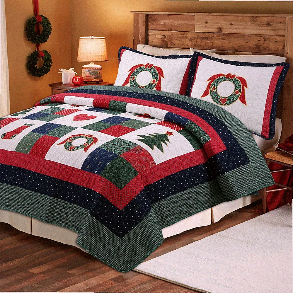 Happy Christmas 3-Piece 100%Cotton Quilt Bedding Set, Bedspread，Coverlet