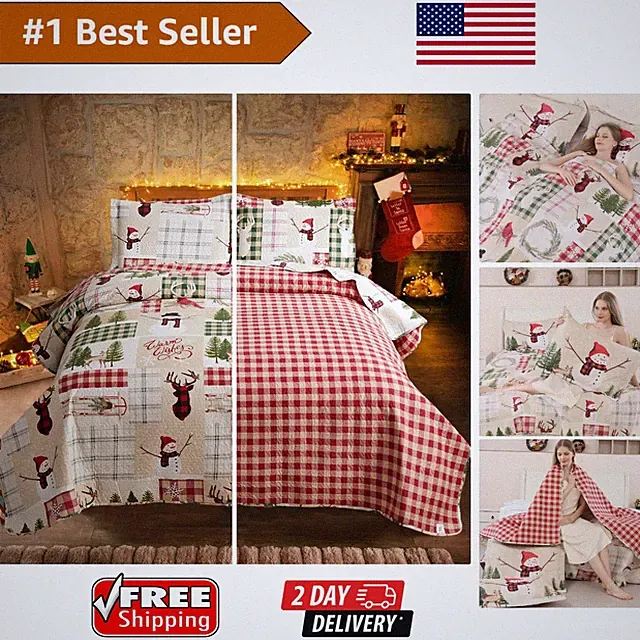 Holiday Moose Plaid Quilt Set Queen - Reversible Christmas Bedding with 2 Shams