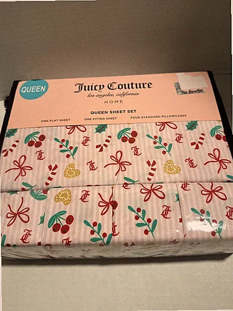 Juicy Couture Pink Christmas Holiday Candy Cane Sheet Set Size Queen