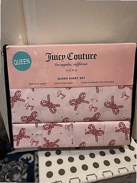 Juicy Couture Queen Sheet Set 6 PC Pink Candy Cane Bow Ribbon Christmas New ￼
