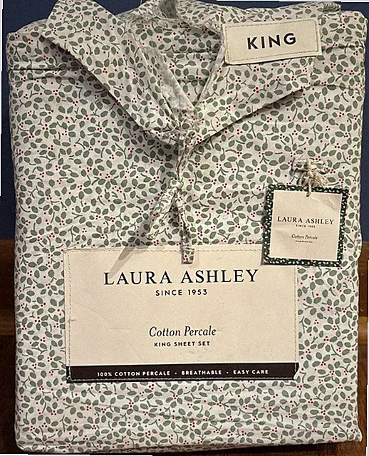 Laura Ashley Christmas Jolly Holly Green KING Cotton Percale Sheet Set (see Pic)