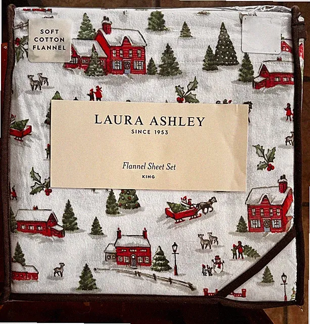 Laura Ashley HOLIDAY VILLAGE Cotton Flannel KING SIZE Sheet Set Christmas