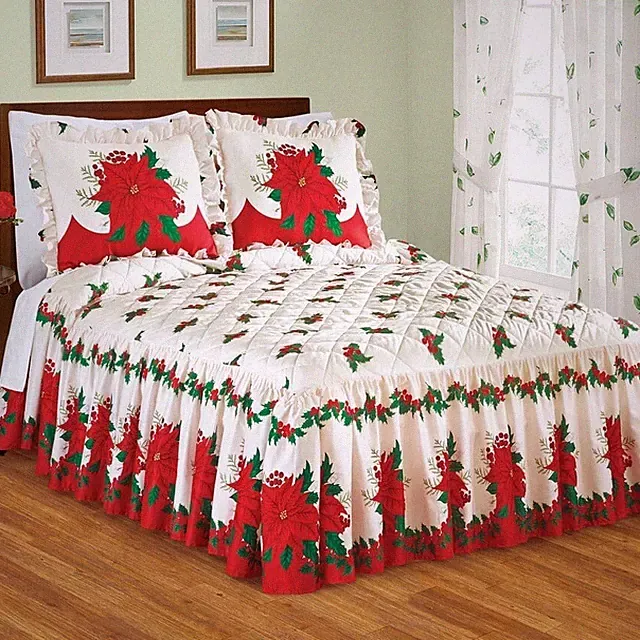 Lovely Poinsettias & Holly Christmas Bouquet Queen Size Ruffle Skirt Bedspread