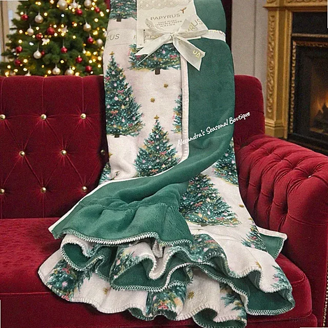Papyrus Pink Green Christmas Tree Reversible Ruffle Throw Blanket 50"X70" New