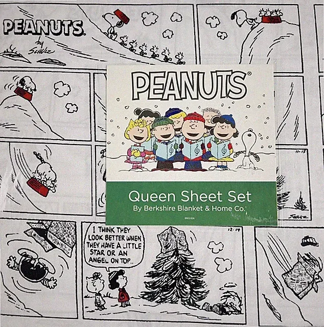 PEANUTS Christmas Holiday White Queen Size Sheet Set Snoopy Woodstock Comics NEW