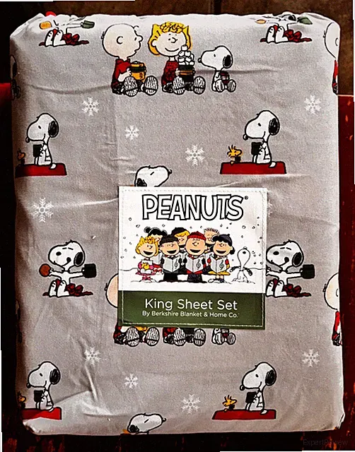 Peanuts Snoopy Christmas KING Size Sheet Set Hot Cocoa Snowflakes Woodstock