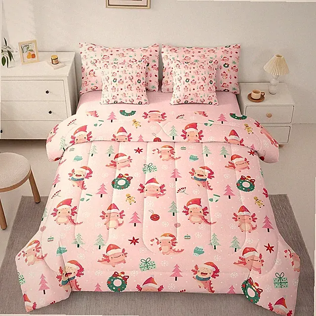 Pink Christmas Theme Queen Comforter Set 7 Piece for Kids Boys Girls Xmas Axolot