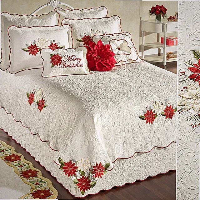 Poinsettia Matelasse Oversized Coverlet Set Christmas Holiday Bedroom Linens