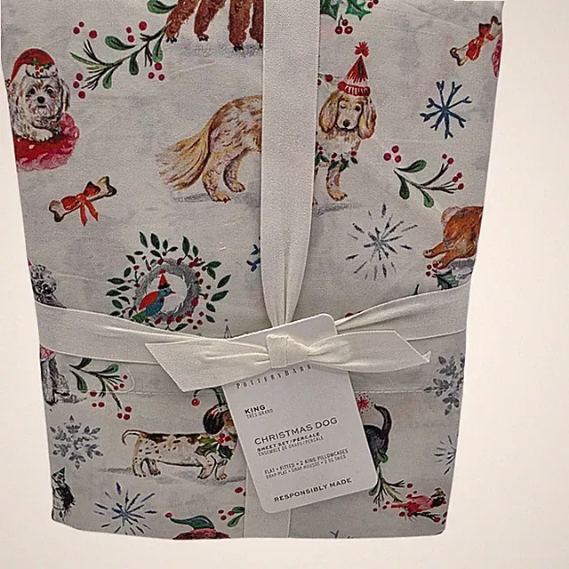 Pottery Barn Christmas Dog Print Sheet Set King Cotton Holiday NEW