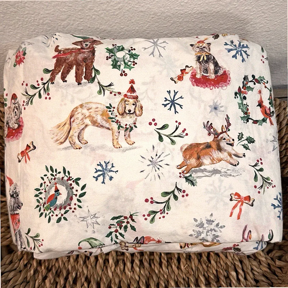 POTTERY BARN CHRISTMAS DOG PRINTED SHEET SET QUEEN SOFT COTTON HOLIDAY BEDDING