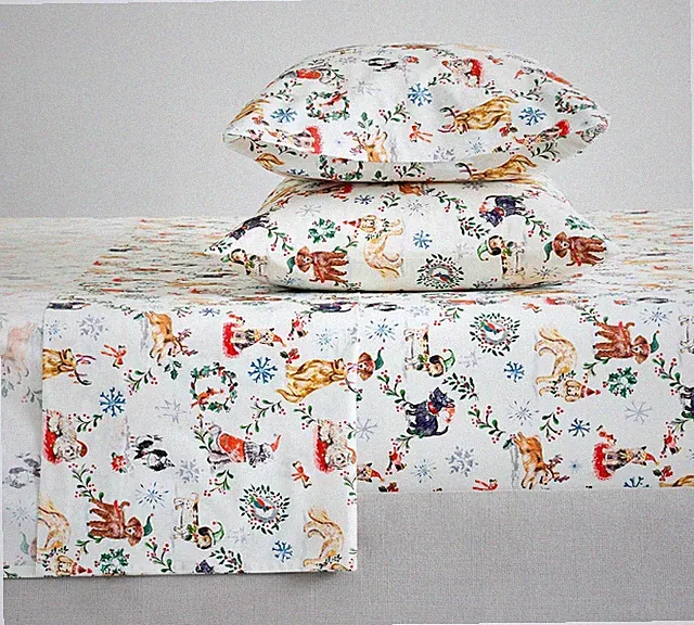 Pottery Barn CHRISTMAS DOGS Sheet Set QUEEN Size Puppy Holiday 4 Pc Set NEW