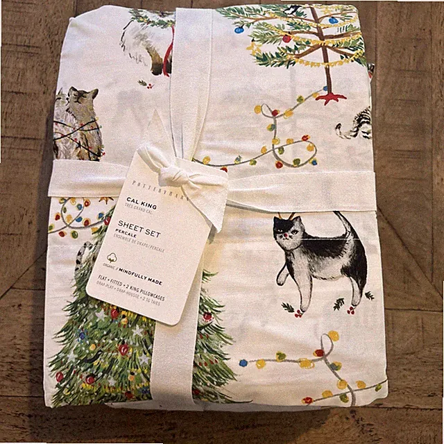 Pottery Barn Organic Cotton Sheet Set Festive Cats California King Christmas NEW