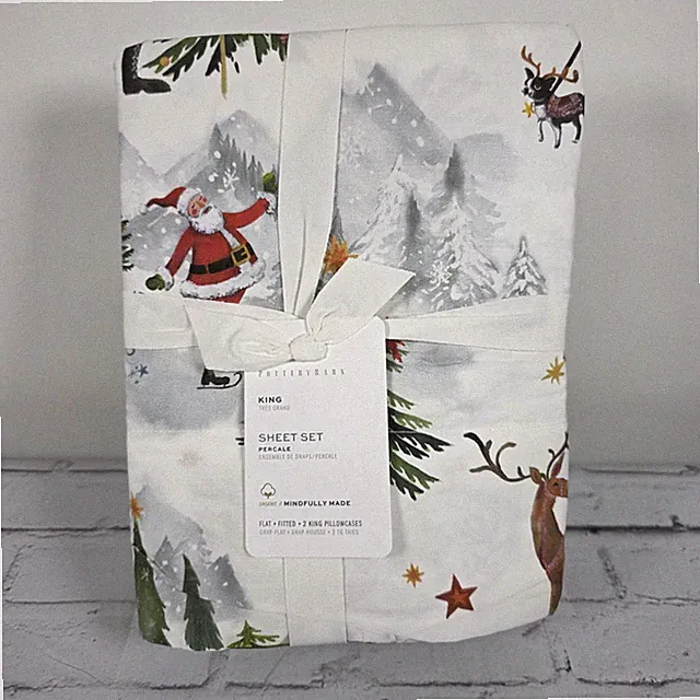 Pottery Barn Sheet Set King Size Jolly Santa Christmas Trees Holiday New