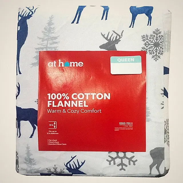 Queen Deer Flannel Sheet Set 100% Cotton White/Blue - Holiday Xmas At Home