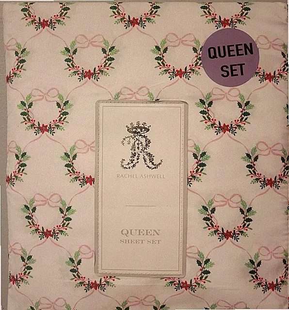 Rachel Ashwell Queen Sheet Set Christmas Wreaths Pink Bow 4 Pc Sheets Farmhouse