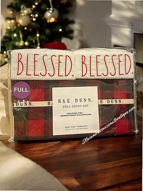 Rae Dunn Christmas Bedding Full Holiday Embroidered Blessed Plaid Sheet Set New