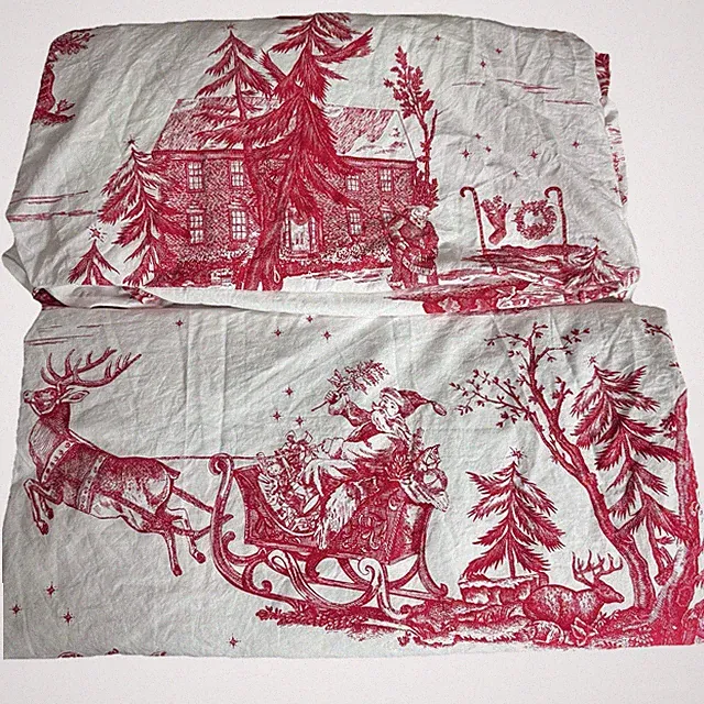 Rare Pottery Barn Santa Toile Sheet Set Red Twin XL Christmas Holiday French EUC