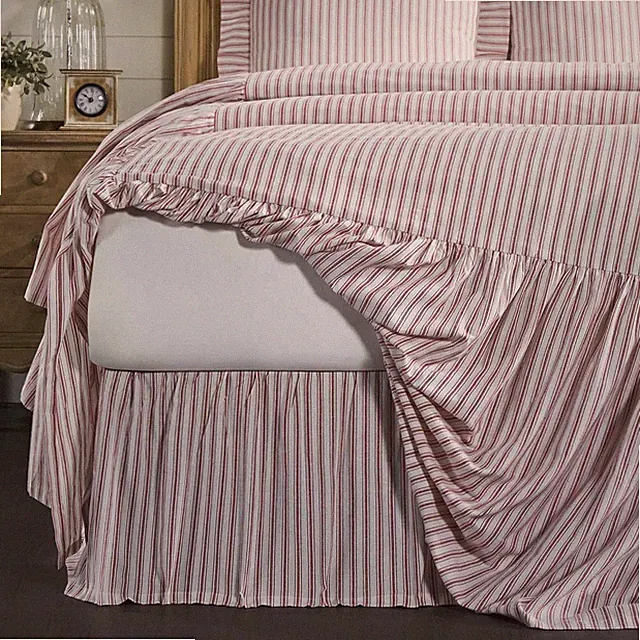 Red Stripe Ruffled King Bed Skirt - Farmhouse Christmas Décor, 16" Drop