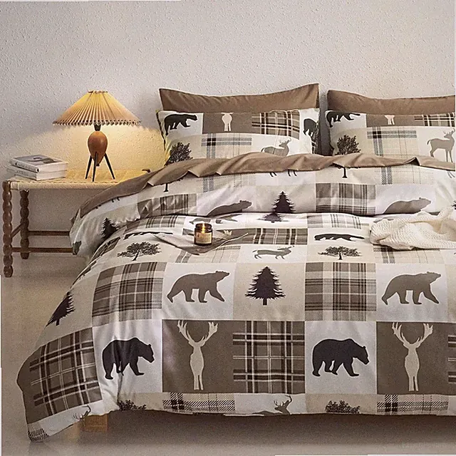 Rustic Comforter Set, Cabin Christmas Lodge Western Country Bear Deer Moose Wo