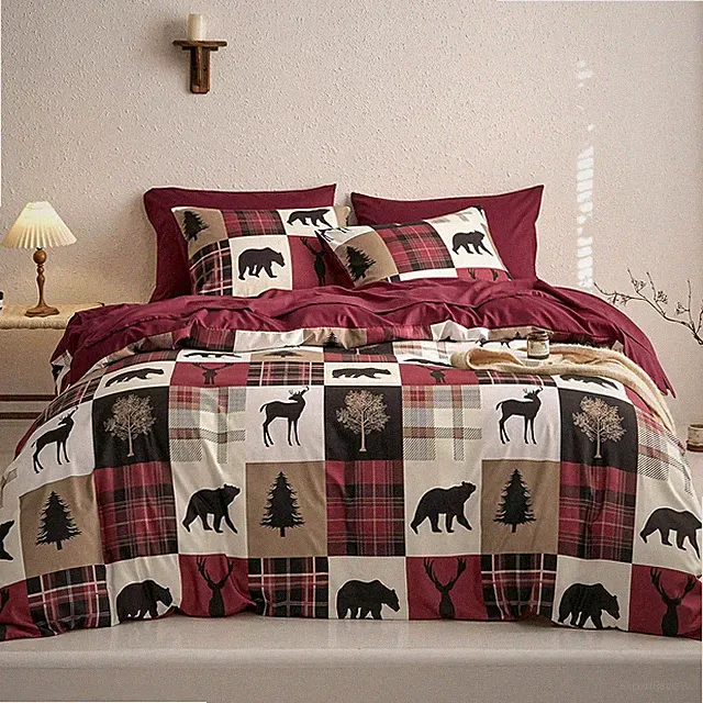 Rustic Comforter Set with Sheets, Cabin Lodge Christmas Bear Moose Deer Wildli