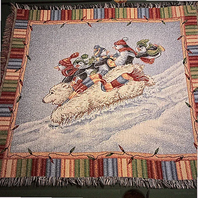 Tapestry Throw Blanket Christmas Polar Bear Sled Penguins 51”x46” Made In USA