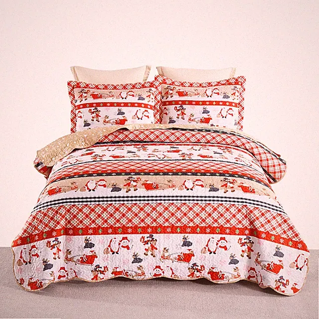 Twin/Full Christmas Plaid Sleigh Quilt Bedspread Set Holiday Bedding Set