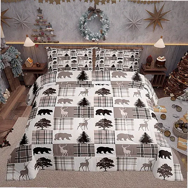 Wildlife Bear Moose Elk Comforter Set Queen for Boys Kids Xmas Room Decor Khaki