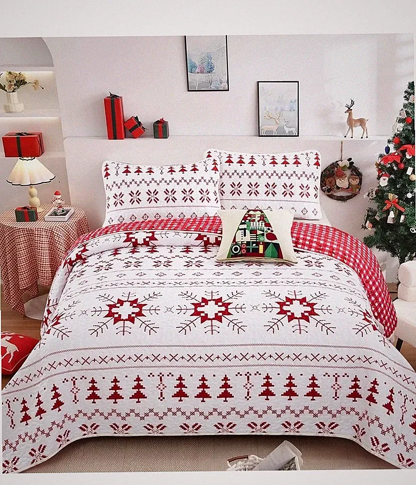 WONGS BEDDING Christmas Quilt Set Queen(90"x96") Snowflake and Christmas Tree